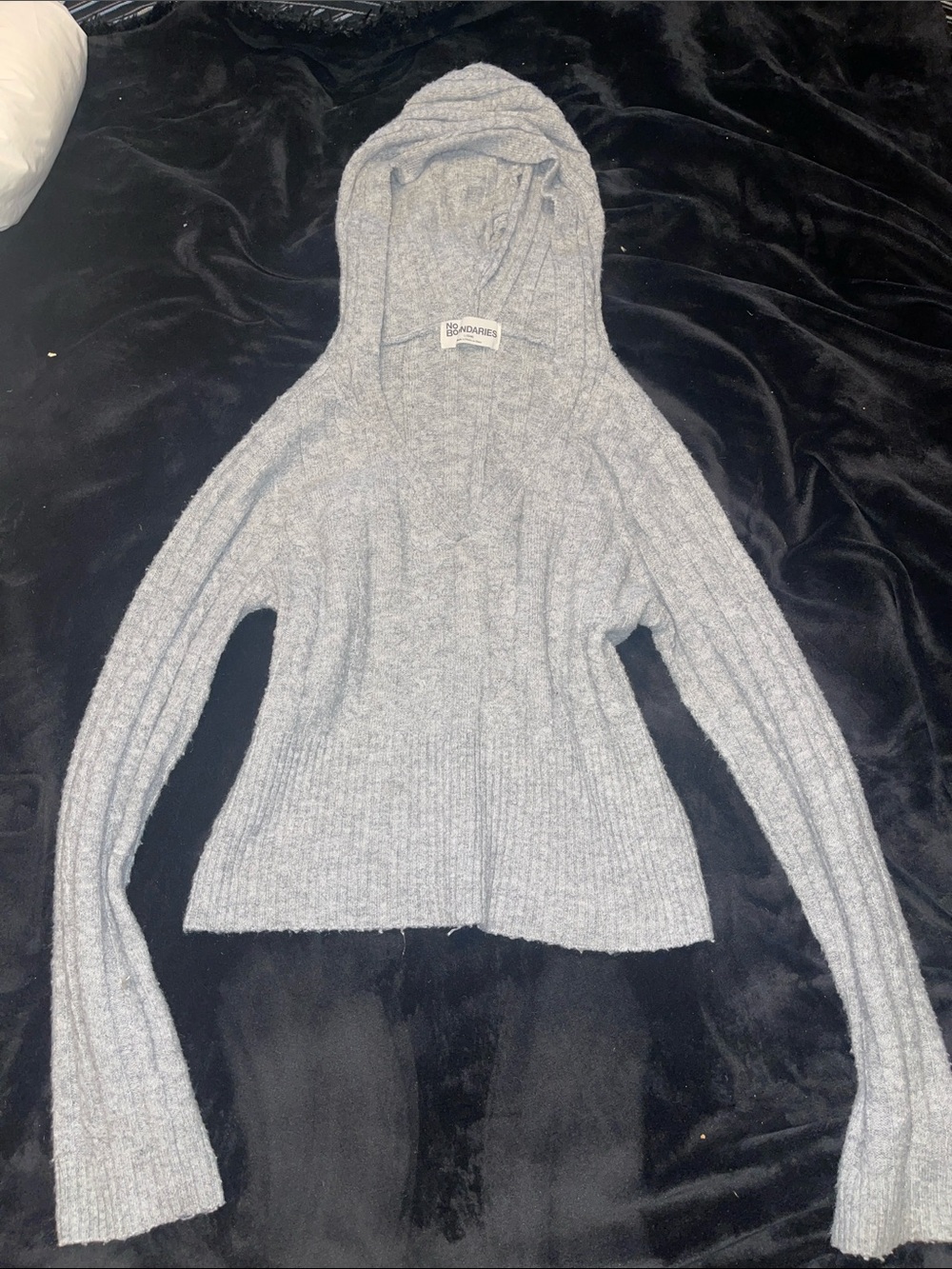Cropped Cozy Hooded Rib-Knit Women's Sweater - Light Gray